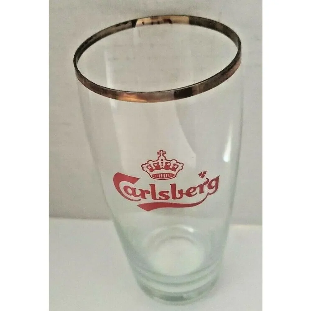 Vintage 1960's Carlsberg beer red crown Logo gold rimmed‎ Pilsner glass U198